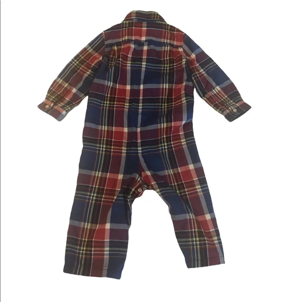 Ralph Lauren blue & red plaid 100% cotton baby onesie with long sleeves
